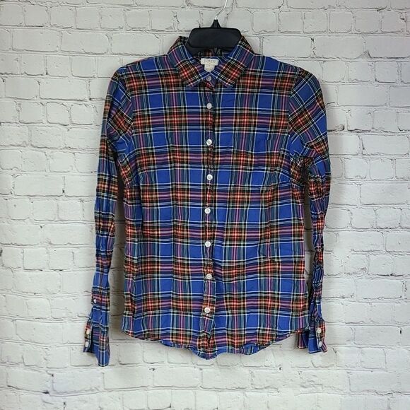J.Crew Blue Madras Plaid Button Down Long Sleeve Cotton Shirt Women's Small Top - Picture 2 of 6